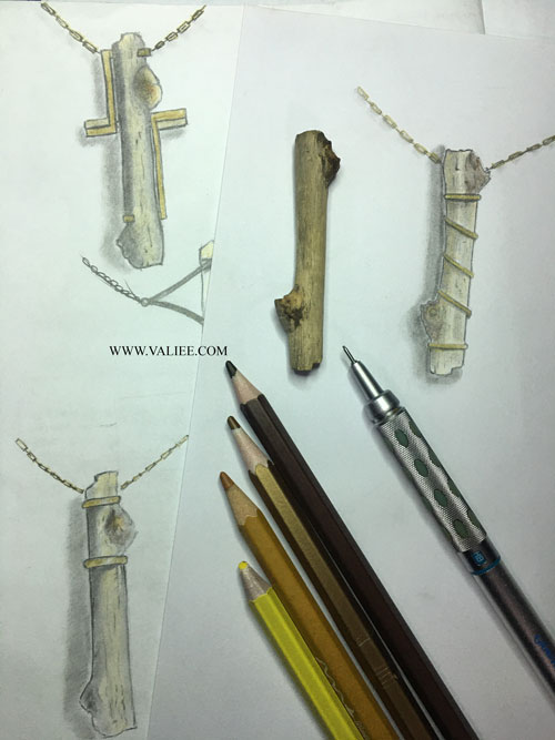Hand sketches and found wood material study from the Designing Value jewellery design project