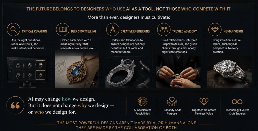 Will AI Replace Digital Jewelry Designers? An Industry Educator’s Perspective on Tacit Knowledge and the Hybrid Future Infographic highlighting essential human capacities for future hybrid jewelry designers using AI tools.