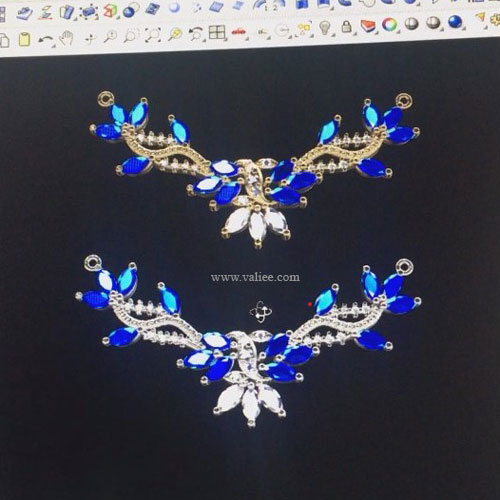 Digital jewellery designs in Matrix showing sapphire and diamond necklace concepts based on an inherited ring, by Mehdi Valiee